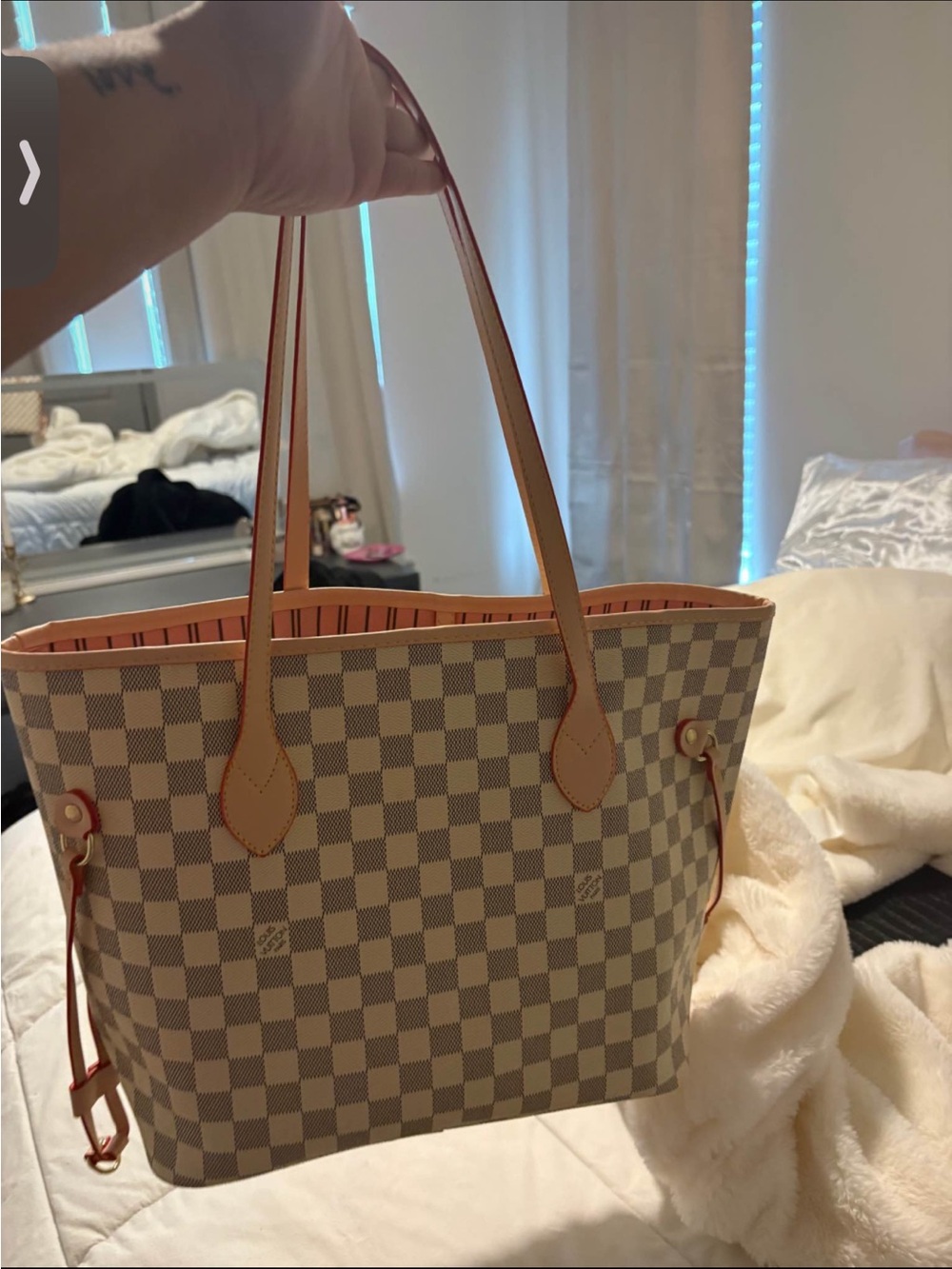 Beige Checkered Tote Bag with Pink Trim